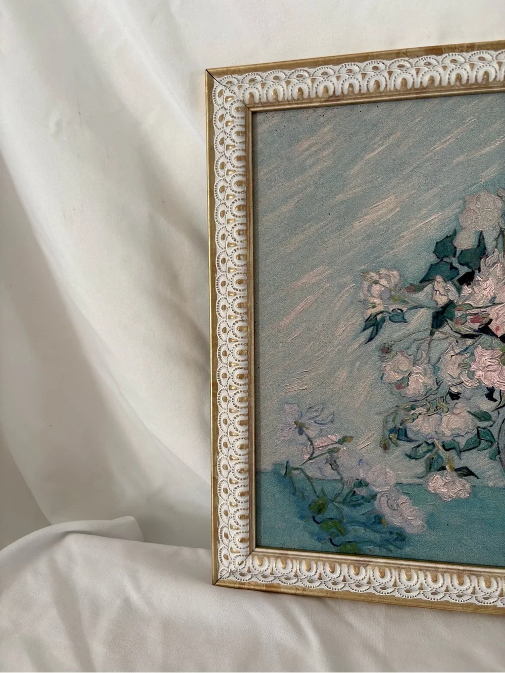 Vintage Vincent Van Gogh pink flowers artwork print in scalloped frame home art